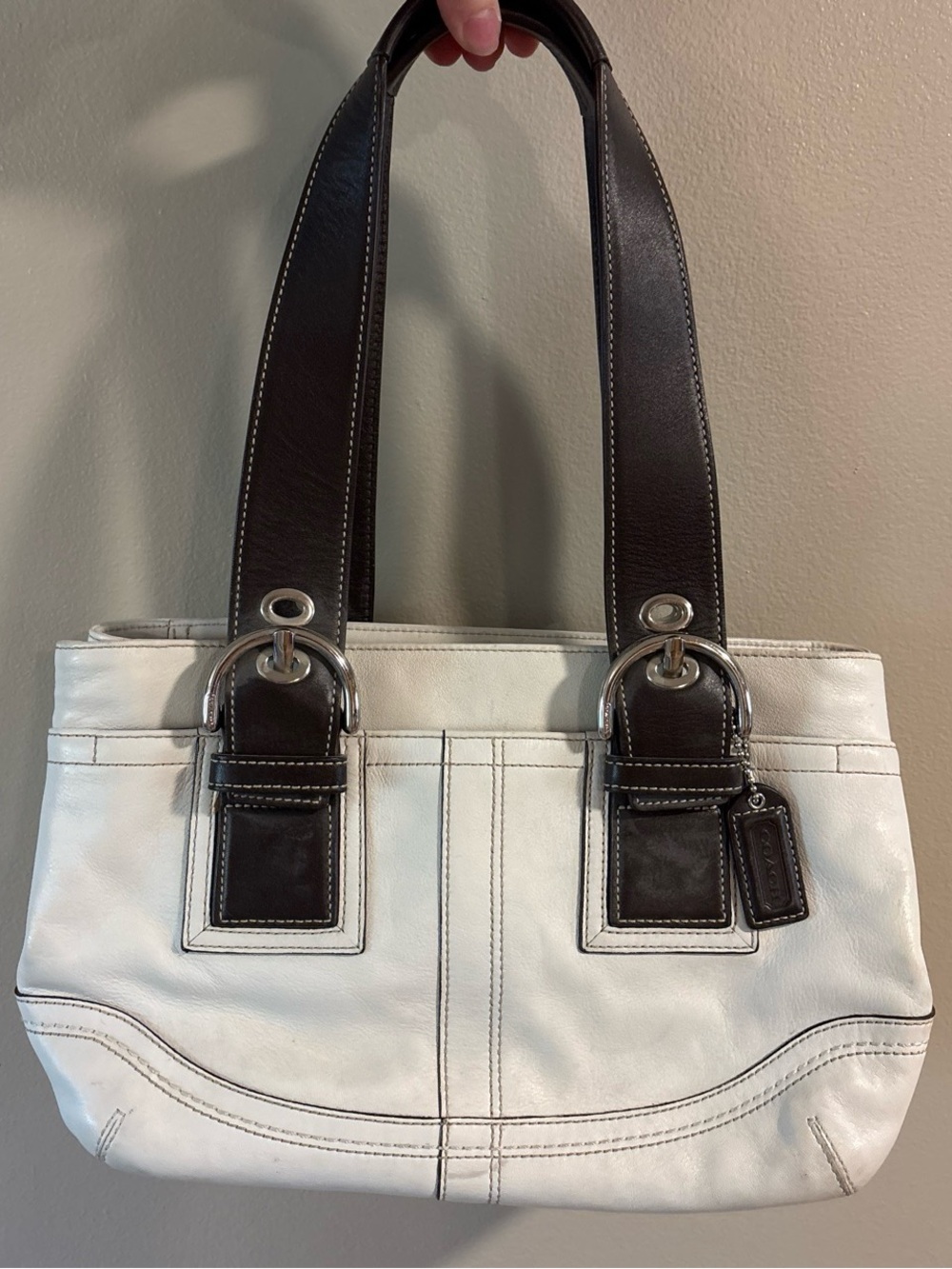 Coach White Leather Soho Vintage Bag with Dark Brown Handles